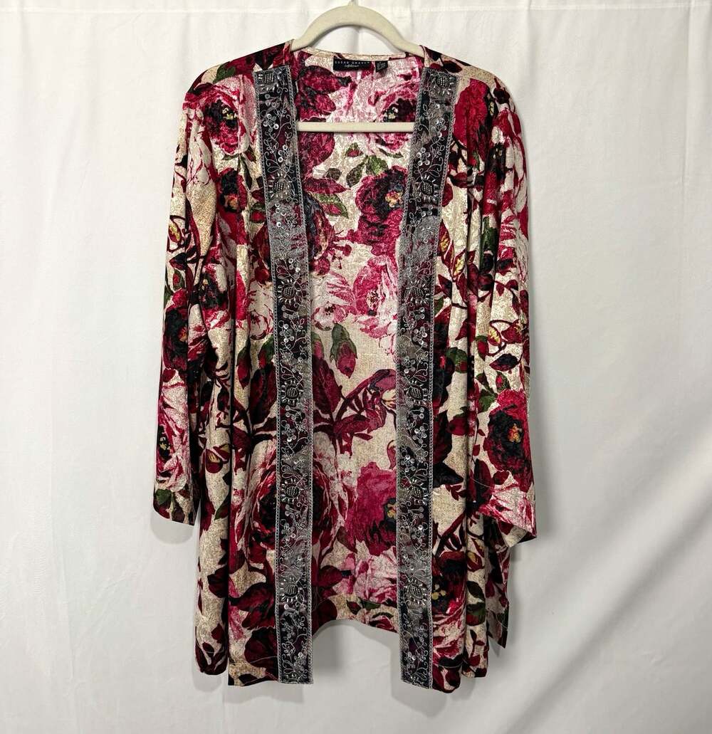 Susan Graver Artisan Floral Open Front Kimono Top V-Neck Long Sleeve 1XP